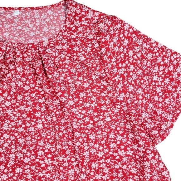 Womens Vibrant Red Floral Print Blouse Plus 1X 2X Short Sleeve Gathered Neckline - Picture 7 of 11
